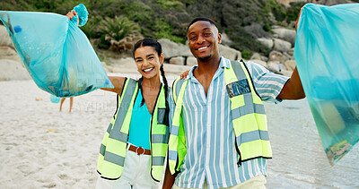 Buy stock photo Happy people, portrait and volunteer with recycling on beach for community service or cleaning in nature. Man, woman or social responsibility with smile or rubbish for climate change by ocean coast