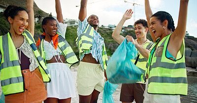 Buy stock photo Happy people, volunteer and recycling with celebration on beach for climate change or global warming. Group, social worker or excited team with smile for winning, finished or community service by sea