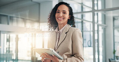 Buy stock photo Portrait, business and woman in workplace, tablet and smile with financial consultant with digital app. Face, happy person or employee in office, tech and internet with accounting and online schedule