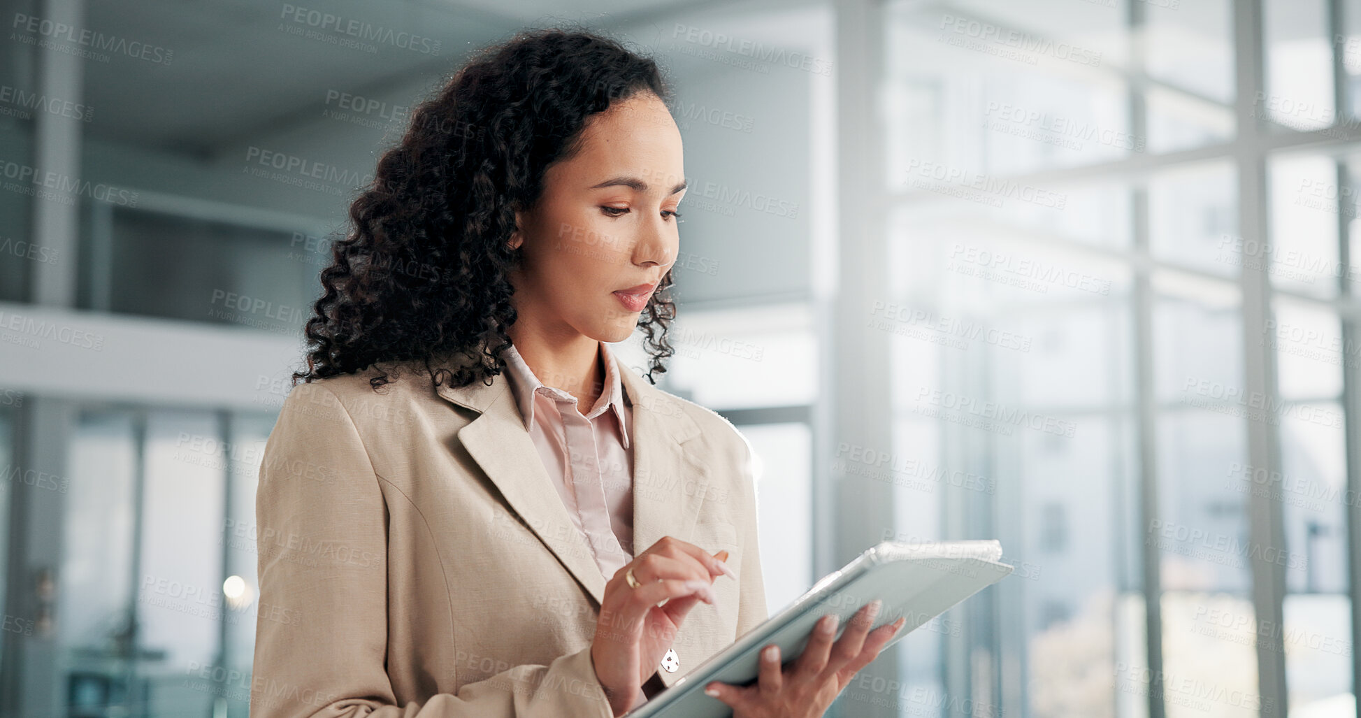 Buy stock photo Internet, business or woman in office, tablet or online schedule with financial consultant with digital app. Accounting, person or employee in workplace, tech or connection with stock market or email