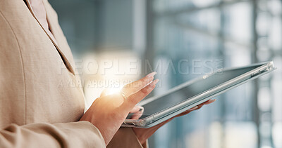 Buy stock photo Hands, business and woman in office, tablet and digital app for email, connection and website info. Closeup, person and employee in workplace, technology and economy analyst with internet and network