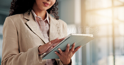 Buy stock photo Hands, employee and woman in office, tablet and digital app for email, network and website info. Closeup, financial advisor or person in workplace, tech or economy analyst with internet or connection