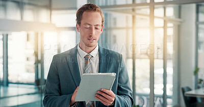 Buy stock photo Internet, business and man in office, tablet and online schedule with financial consultant. Economy, person and employee in workplace, technology and website info with accounting and communication