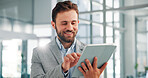 Finance, business and man in office, tablet and smile with digital app, internet and accounting. Happy, person and employee in workplace, technology and online schedule with stock market and email
