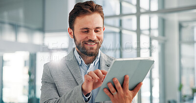 Buy stock photo Finance, business and man in office, tablet and smile with digital app, internet and accounting. Happy, person and employee in workplace, technology and online schedule with stock market and email