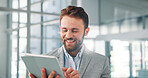 Happy, business and man in office, tablet and internet with digital app for economy analyst. Connection, person and employee in workplace, technology and online schedule with accounting and email
