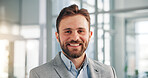 Office, businessman and accountant with happiness in portrait, financial career and confidence. Accounting firm, male person and auditor with smile for finance project, about us and ambitious at work