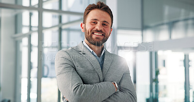 Buy stock photo Smile, business and man with arms crossed for portrait of about us, corporate career and financial ambition. Accountant, confidence and accounting company, investment consultant and asset management