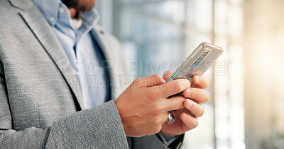 Buy stock photo Hands, business and man with smartphone, internet and digital app for email, network and social media. Closeup, person and employee in workplace, cellphone and economy analyst with communication