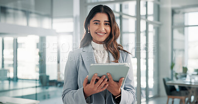 Buy stock photo Portrait, business and woman with smile, tablet and internet with financial consultant. Face, happy person and employee in workplace, technology and connection with accounting and online schedule