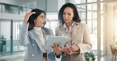 Buy stock photo Business, women and planning with tablet in office for finance forecasting, economic trends review or insight. Financial analyst, teamwork or discussion with digital app for company growth projection