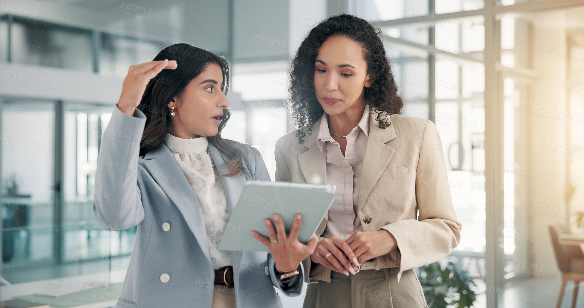 Buy stock photo Business, women and planning with tablet in office for finance forecasting, economic trends review or insight. Financial analyst, teamwork or discussion with digital app for company growth projection