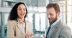Teamwork, tablet and business people in meeting with research, conversation and networking for communication. Laugh, relax and employees with discussion, company joke or collaboration in office