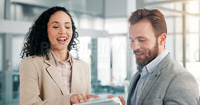 Buy stock photo Teamwork, tablet and business people in meeting with research, conversation and networking for communication. Laugh, relax and employees with discussion, company joke or collaboration in office