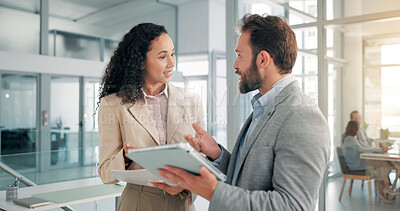Buy stock photo Business, documents and people with tablet for planning with revenue feedback, finance forecasting or teamwork. Financial analyst, office and digital report for investment analysis or risk assessment