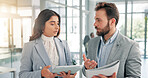 Office, business people and talking with tablet for document, finance report and collaboration. Teamwork, financial advisor and manager with portfolio for investment discussion, research and solution