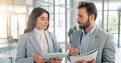 Buy stock photo Office, business people and talking with tablet for document, finance report and collaboration. Teamwork, financial advisor and manager with portfolio for investment discussion, research and solution