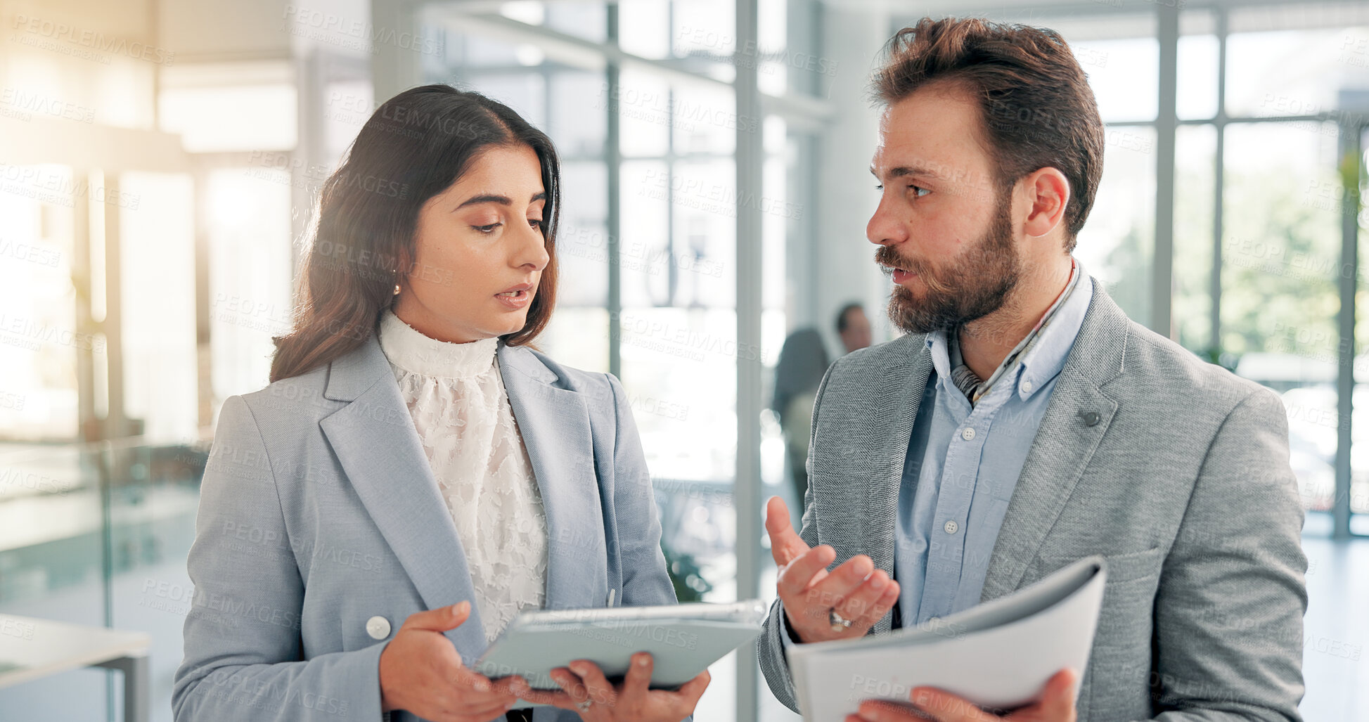 Buy stock photo Office, business people and talking with tablet for document, finance report and collaboration. Teamwork, financial advisor and manager with portfolio for investment discussion, research and solution