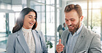 Conversation, friends and business people in meeting with break, conversation and networking for communication. Laugh, relax and employees chatting or discussion with company joke or meme in office