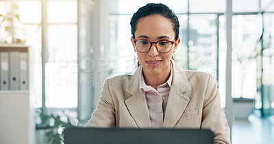 Buy stock photo Office, businesswoman and smile with laptop to reading, online research and accountant with glasses. Workplace, female person and auditor with technology for review tax, auditing and financial report