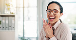Happy woman, winning and good news with business promotion for job or career opportunity at office. Excited, female person or journalist with smile or glasses for prize, bonus or positive feedback
