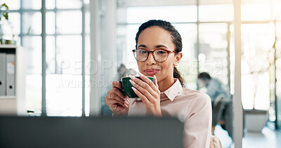 Buy stock photo Office, businesswoman and coffee with laptop for reading, online research and accountant with drink. Smile, female person and auditor with beverage for caffeine, auditing and break for finance report