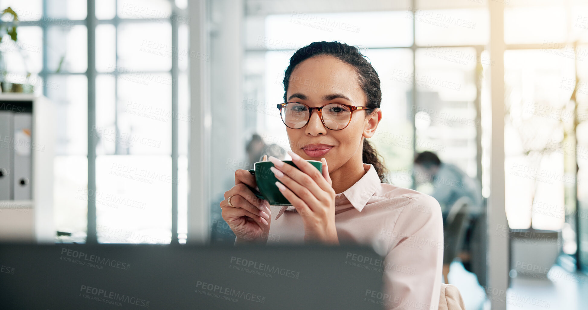 Buy stock photo Office, businesswoman and coffee with laptop for reading, online research and accountant with drink. Smile, female person and auditor with beverage for caffeine, auditing and break for finance report