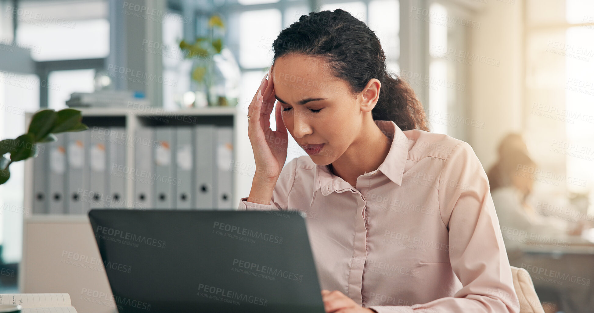 Buy stock photo Woman, headache and frustrated with laptop at office for glitch, error and lost profit with burnout at finance agency. Person, accountant and stress with migraine, pain and brain fog with computer
