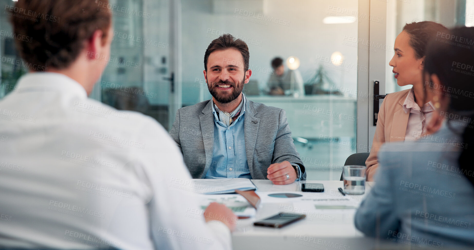 Buy stock photo Business, people and meeting with team in office of finance negotiation, deal and proposal. Happy, staff and discussion with clients of financial update, investment account and collaboration feedback