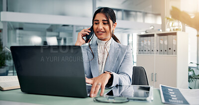 Buy stock photo Office, businesswoman and laptop with phone call for communication, financial help or bank reconciliation. Career, female person or accountant with mobile for finance talking, account info or contact