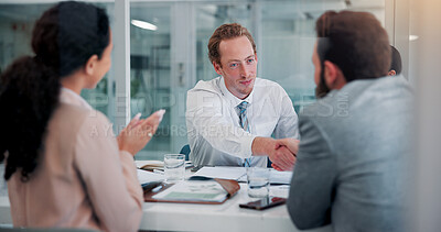 Buy stock photo Handshake, group and clients in meeting, office and thank you for collaboration, corporate and team. Success, investor and shaking hands for agreement in business, gesture or congratulations for deal