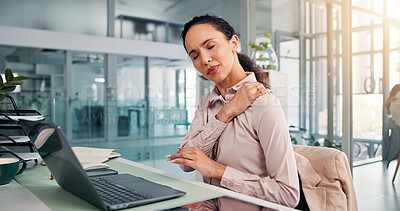 Buy stock photo Business, employee and woman with shoulder pain, laptop and secretary with poor posture or injury. Burnout, receptionist and person with tech for project, muscle tension and inflammation in office