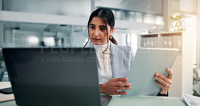 Buy stock photo Office, accountant and businesswoman with tablet for laptop, bookkeeping and auditing in accounting. Career, female person and auditor with digital for reading information, finance report or research