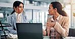 Discussion, laptop and business women in office for financial review, budget report and planning. Professional, corporate and people in meeting on computer for research, website and investment choice