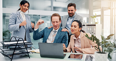 Buy stock photo Excited, celebrate and business people on laptop in office with good news, success and victory. Corporate, team and men and women fist pump on computer for feedback, financial growth and investment