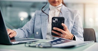Buy stock photo Hands, laptop and business woman with phone for research, finance and wealth management. Mobile, online and worker on app for communication, investment news and review email for investing in office