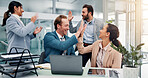 High five, celebrate and business people on laptop in office with good news, success and victory. Corporate, team and men and women on computer applause for feedback, financial growth and investment