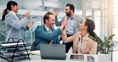 Buy stock photo High five, celebrate and business people on laptop in office with good news, success and victory. Corporate, team and men and women on computer applause for feedback, financial growth and investment