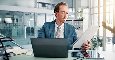 Buy stock photo Laptop, documents and research with business man for insurance broker, policy benefits and risk assessment. Paperwork, client claims and liability portfolio with person in office for compliance