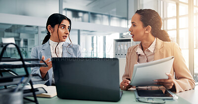 Buy stock photo Discussion, laptop and business women with documents for financial review, budget report and planning. Meeting, corporate and people with paperwork on computer for research, website and investment