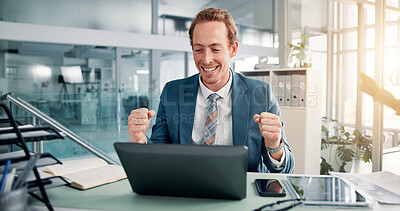 Buy stock photo Fist pump, winner and business man on laptop for online bonus, stock market profits and finance success. Corporate, office and happy person celebrate on computer for investment, payment and promotion