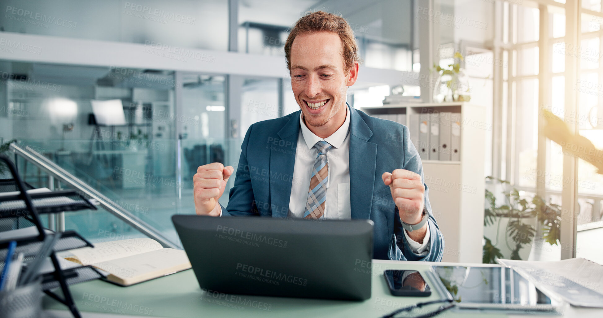 Buy stock photo Fist pump, winner and business man on laptop for online bonus, stock market profits and finance success. Corporate, office and happy person celebrate on computer for investment, payment and promotion
