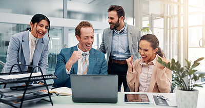 Buy stock photo Fist pump, excited and business people on laptop in office with good news, success and victory. Corporate, team and men and women on computer celebrate for feedback, financial growth and investment
