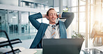 Businessman, relax or break with laptop for completion, done or finished with tasks at office desk. Happy man, employee or accountant with smile, relief or good news on computer for rest at workplace