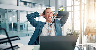 Buy stock photo Businessman, relax or break with laptop for completion, done or finished with tasks at office desk. Happy man, employee or accountant with smile, relief or good news on computer for rest at workplace