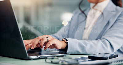 Buy stock photo Woman, typing and hands on laptop for business, company report or financial review in workplace. Office, accountant and computer in firm for email draft, loan application or feedback on agency survey