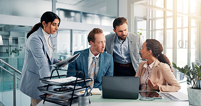 Buy stock photo Meeting, team and business people on laptop in office for feedback, finance review and online project. Corporate, professional and men and women on computer for research, website and collaboration
