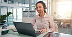 Headset, woman and call center consultant with laptop in office for crm consultation with inbound service. Happy, computer and female customer experience agent with contact us for lead generation.