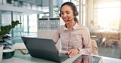 Buy stock photo Headset, woman and call center consultant with laptop in office for CRM consultation with inbound service. Happy, computer and female customer experience agent with contact us for lead generation.