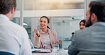 Business, woman and meeting with team in office of finance negotiation, deal and proposal. Happy, people and discussion with clients of financial update, investment account and collaboration feedback